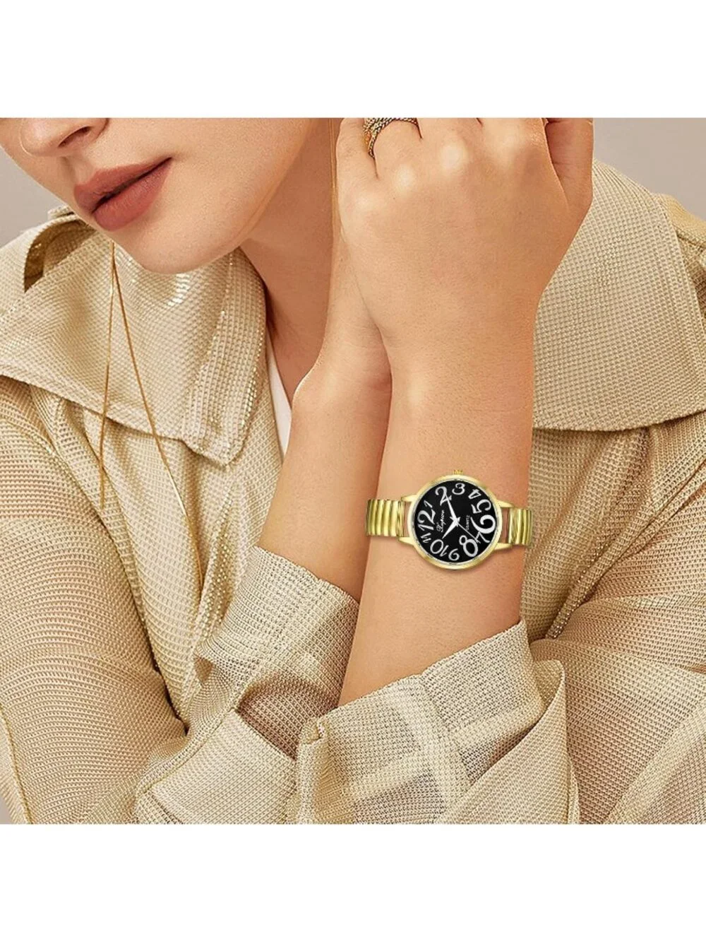Women's Gold And Black Analog Big Numbers Easy Reader Stretch Band Wrist Watch